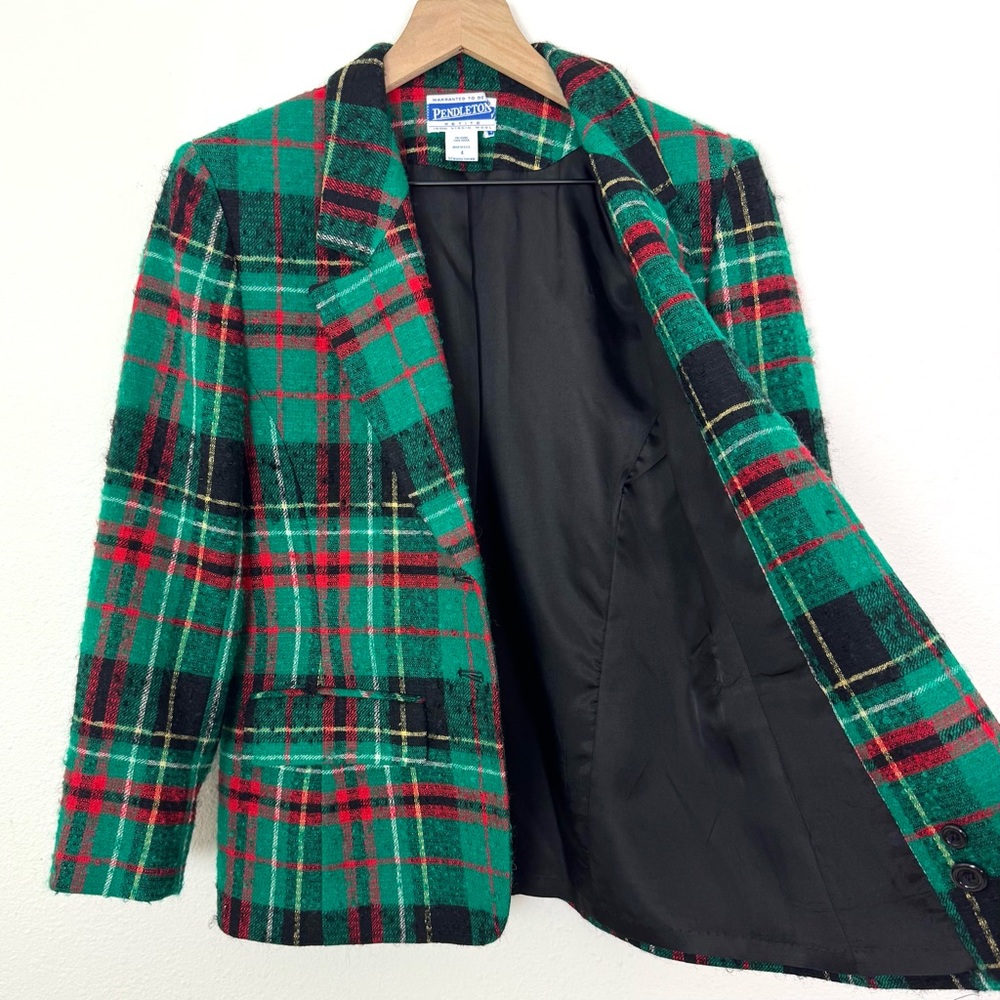 VTG Pendleton Wool Tartan Plaid Blazer Green Red Size 4 Petite - Picture 4 of 8